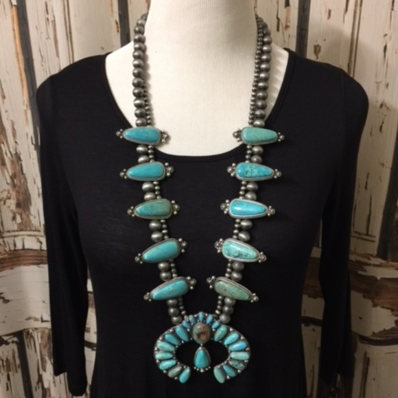 Full Squash Blossom Natural Turquoise Necklace - Picture 1 of 5